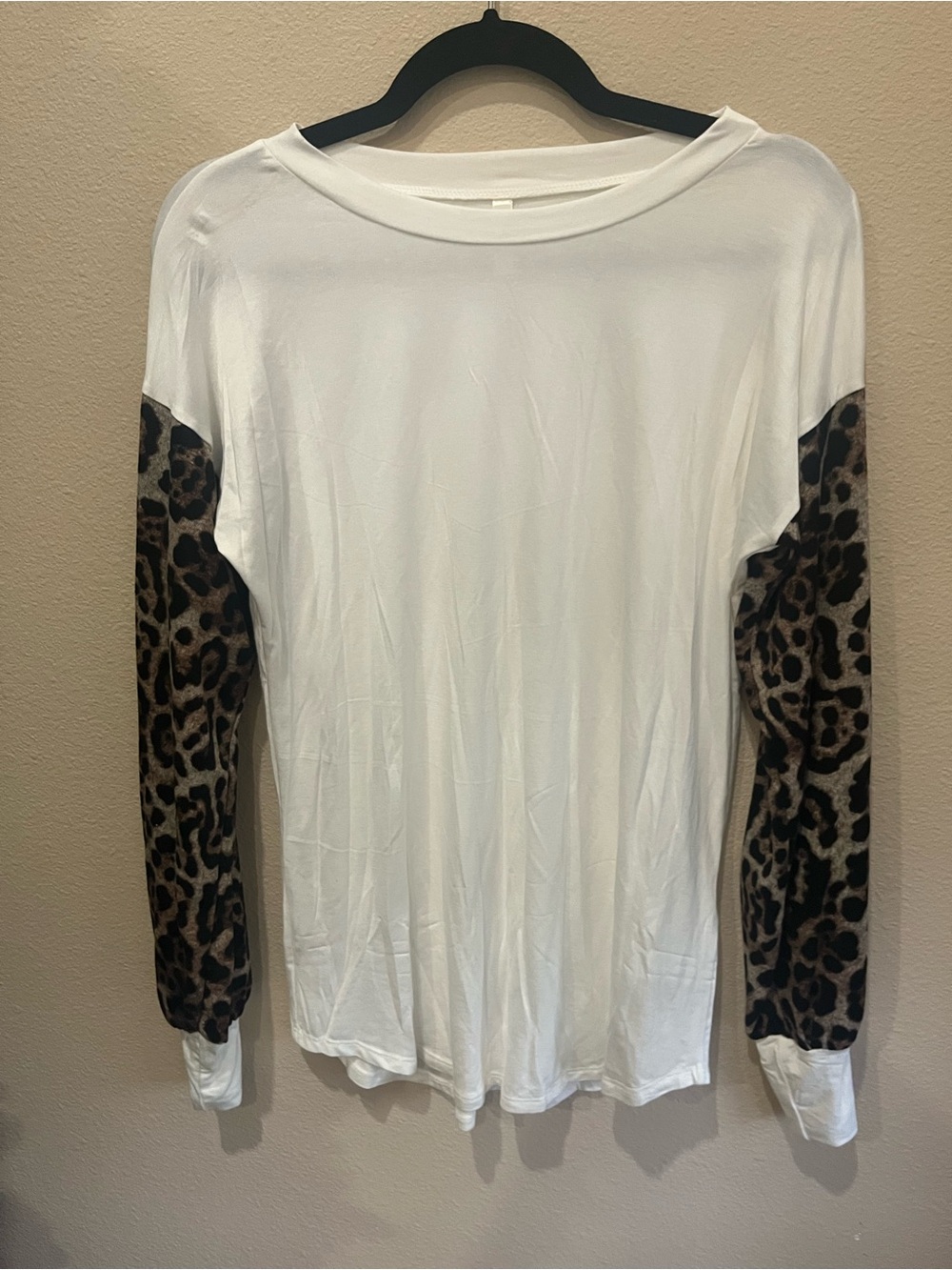 White Long Sleeve Tee with Leopard Print Sleeves